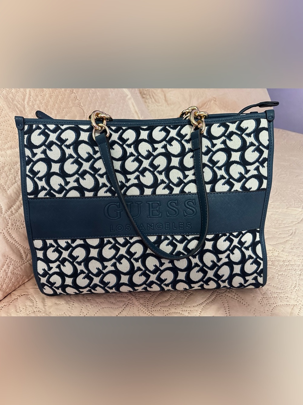 GUESS Navy and Cream Signature Logo Tote with Gold-Tone Chain Handles
